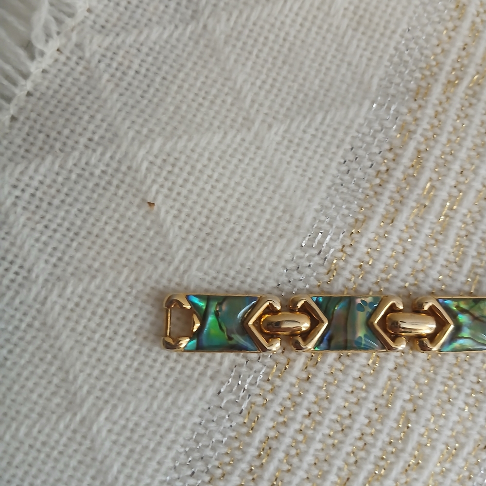 Gold-Tone Abalone Inlay Link Bracelet - Iridescent Blue-Green - Picture 7 of 11